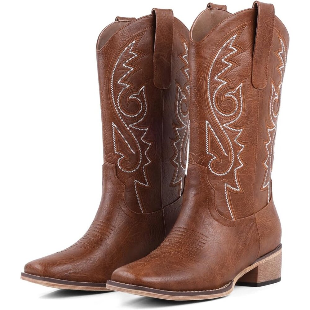 Women Tan With White Embroidery Western Cowboy Boots Chunky Heel Comfortable